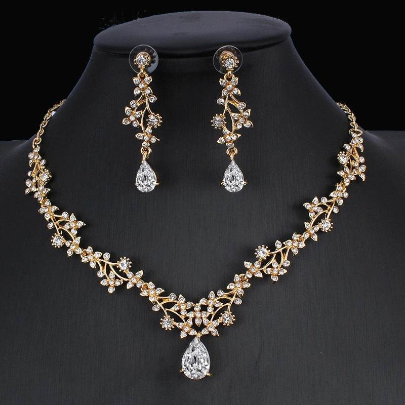 Buy Golden Zircon Jewelry Set Bridal Necklace Earrings Wedding Two-piece Set