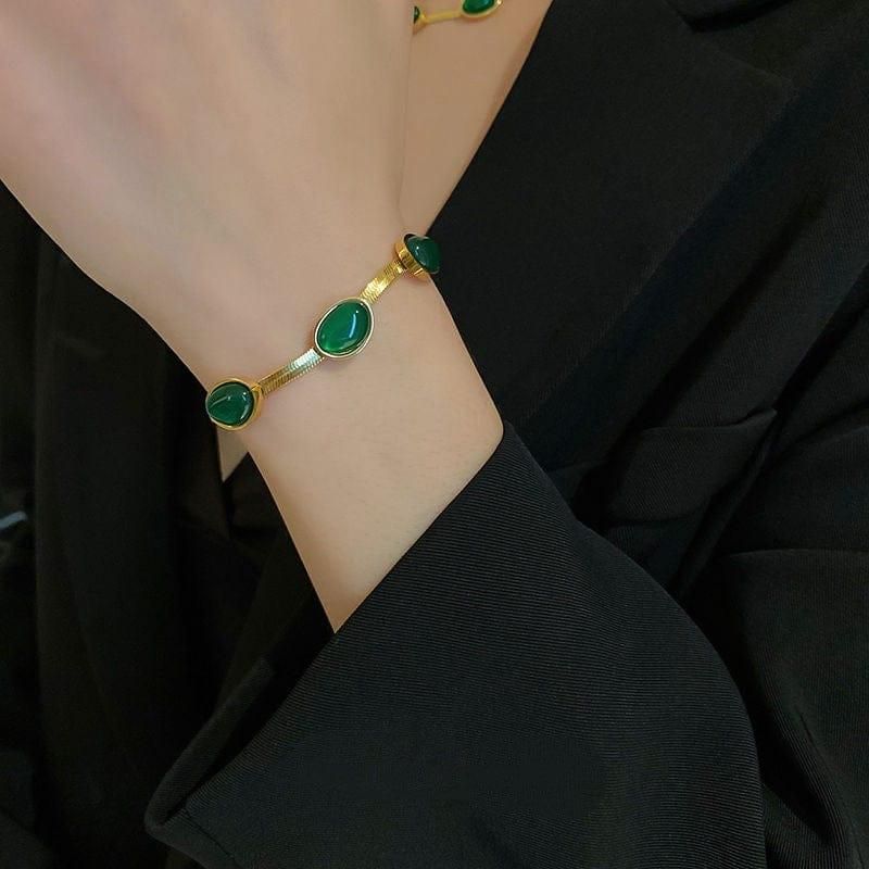 Oval Green Crystal Pendant Necklace Set With Bracelet for girls and women's