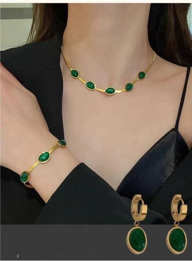 Oval Green Crystal Pendant Necklace Set With Bracelet for girls and women's
